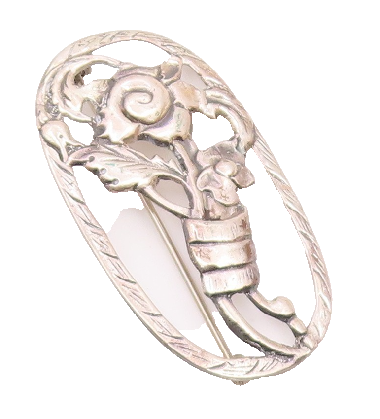 925 Sterling Silver  Vintage Shiny Flowers Etched Border Brooch Pin  BP9021