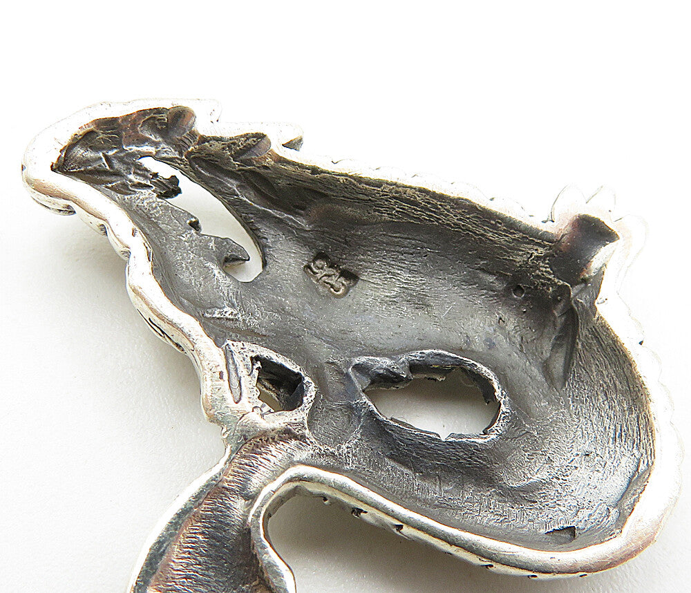 925 Sterling Silver  Vintage Shiny Etched Dragon Motif Drop Pendant  PT6822