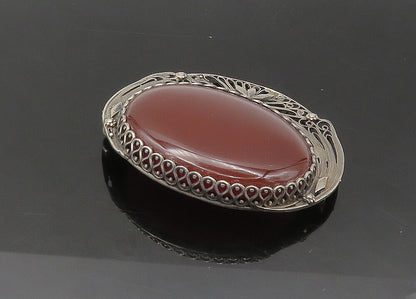 EUROPEAN 925 Sterling Silver  Vintage Carnelian Floral Brooch Pin  BP8680
