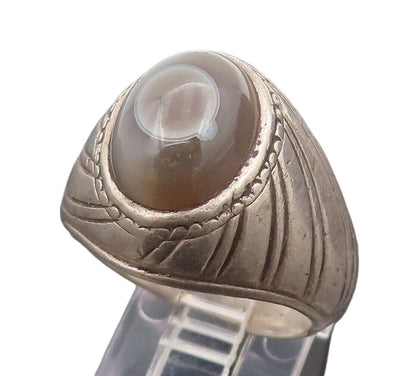 925 Silver  Vintage Minimalist Tribal Cabochon Agate Ring Sz 10  RG26692
