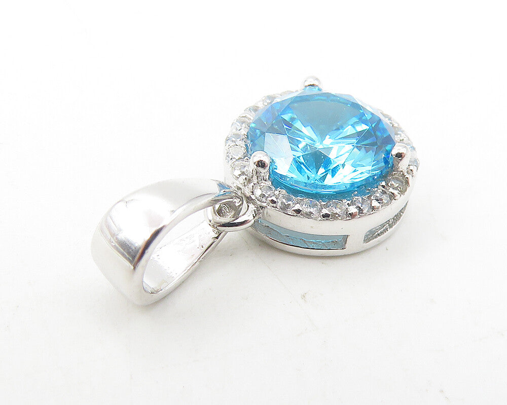 925 Sterling Silver  Shiny Petite Blue Topaz Round Drop Pendant  PT9309