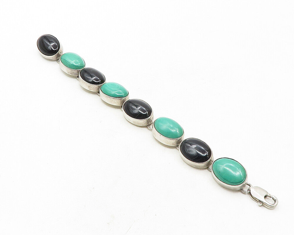 925 Sterling Silver  Vintage Malachite & Black Onyx Chain Bracelet  BT4442