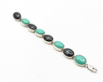 925 Sterling Silver  Vintage Malachite & Black Onyx Chain Bracelet  BT4442