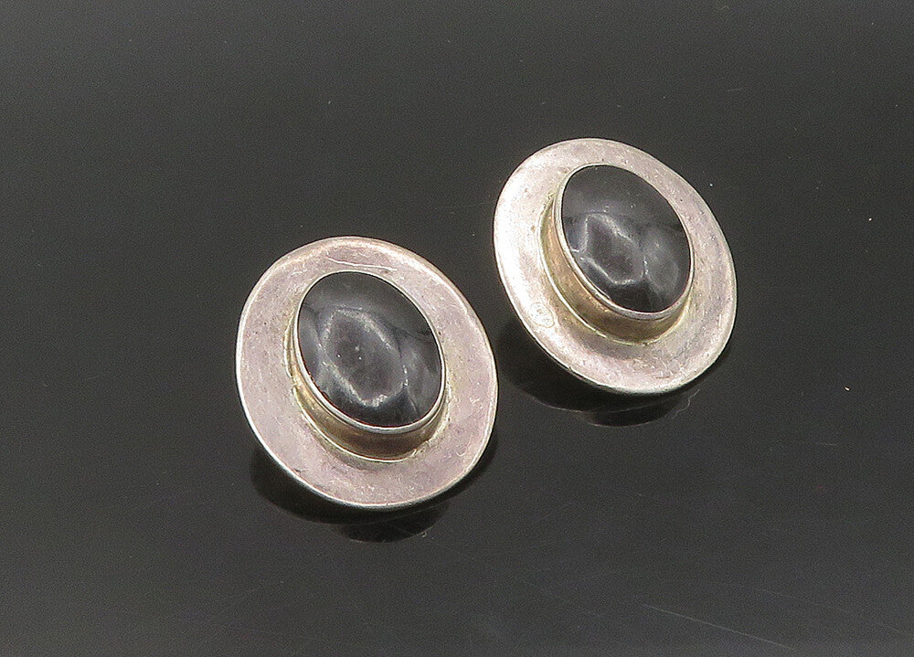 MEXICO 925 Silver   Vintage Black Onyx Shiny Oval Non Pierce Earrings  EG11316