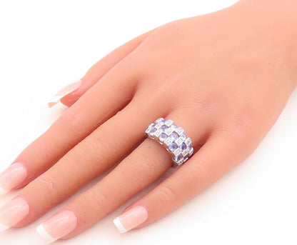 925 Sterling Silver Vintage Ring Square Box Tanzanite & Topaz Inlay Sz 7 RG30114