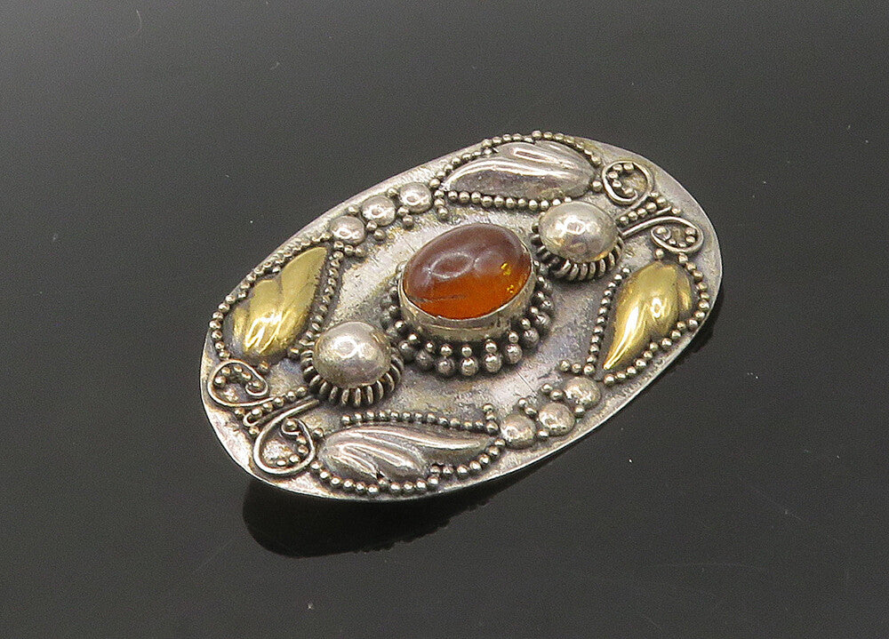925 Silver & 18K GOLD  Vintage Cabochon Cut Amber 2 Tone Brooch Pin  BP8304