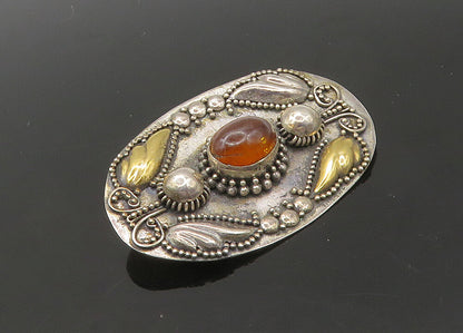 925 Silver & 18K GOLD  Vintage Cabochon Cut Amber 2 Tone Brooch Pin  BP8304