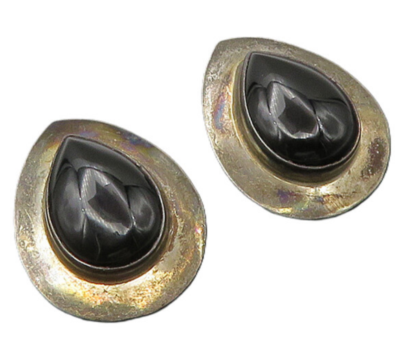 925 Sterling Silver  Vintage Cabochon Cut Black Onyx Drop Earrings  EG10999