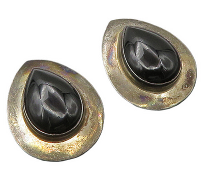 925 Sterling Silver  Vintage Cabochon Cut Black Onyx Drop Earrings  EG10999