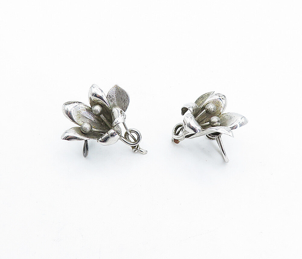 925 Sterling Silver  Vintage Shiny Sculpted Flower Non Pierce Earrings  EG2266