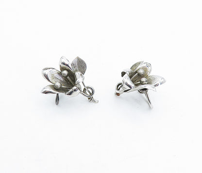 925 Sterling Silver  Vintage Shiny Sculpted Flower Non Pierce Earrings  EG2266
