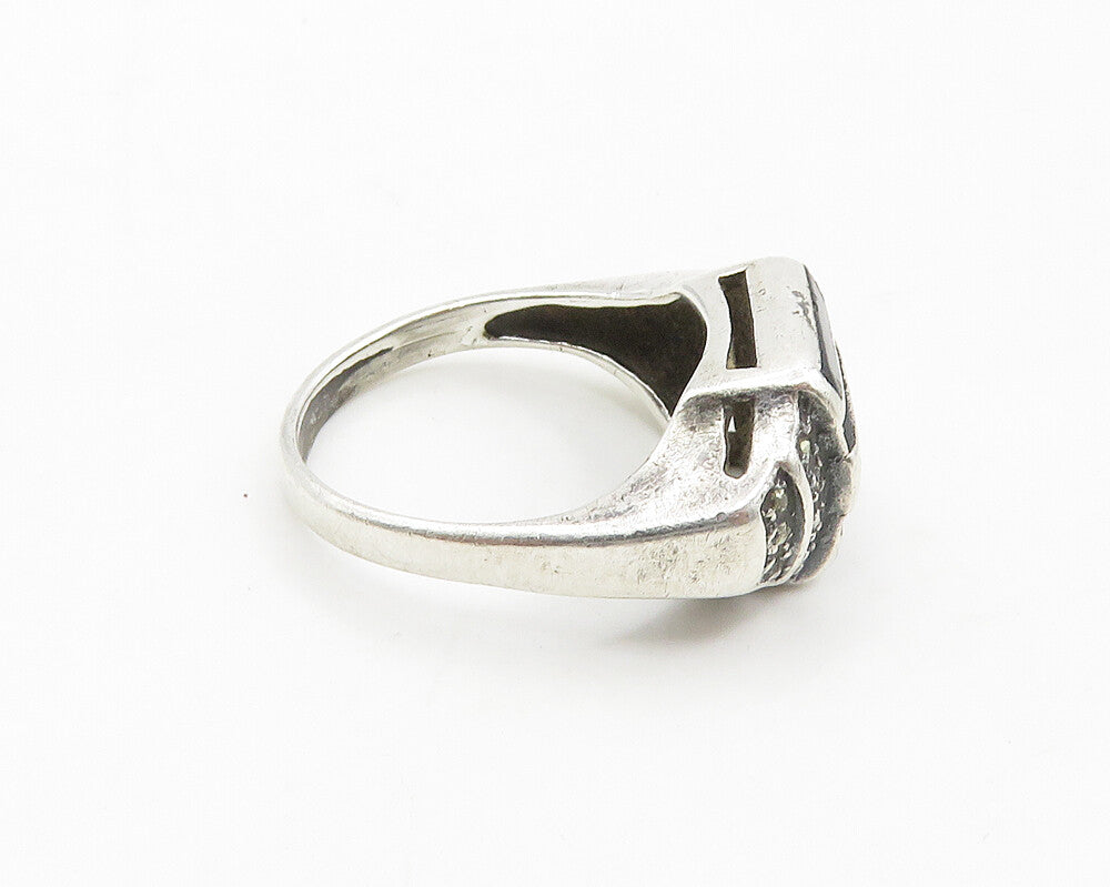 925 Silver  Vintage Mother Of Pearl & Black Onyx Dome Band Ring Sz 5  RG19280