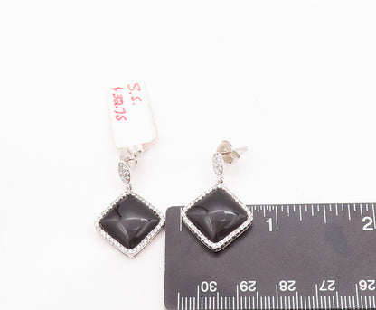 925 Sterling Silver Vintage Earrings Square Cabochon Onyx & CZ Frame  EG12959