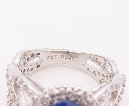 925 Sterling Silver Vintage Ring Designer Cutout Sapphire & CZ  Sz 7.5  RG30577