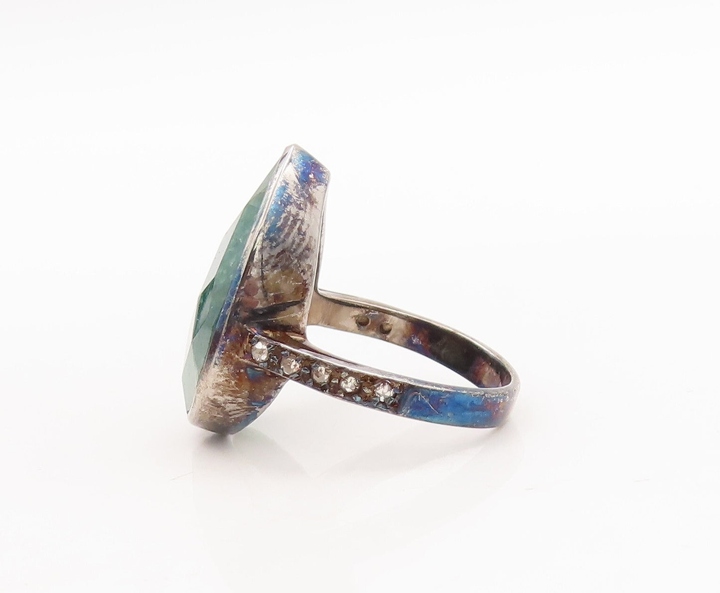 925 Sterling Silver Vintage Ring Drop Cut Gemstone Diamonds Inlay Sz 7  RG29173