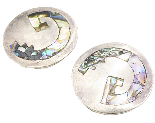 MEXICO 925 Silver  Vintage Inlaid Abalone Shell Round Drop Earrings  EG4588