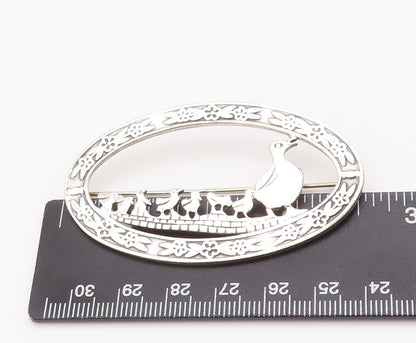 925 Sterling Silver Vintage Brooch Pin Floral Carved Frame Duck Family  BP10359