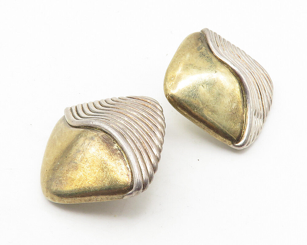925 Sterling Silver  Vintage Two Tone Modernist Non Pierce Earrings  EG5703