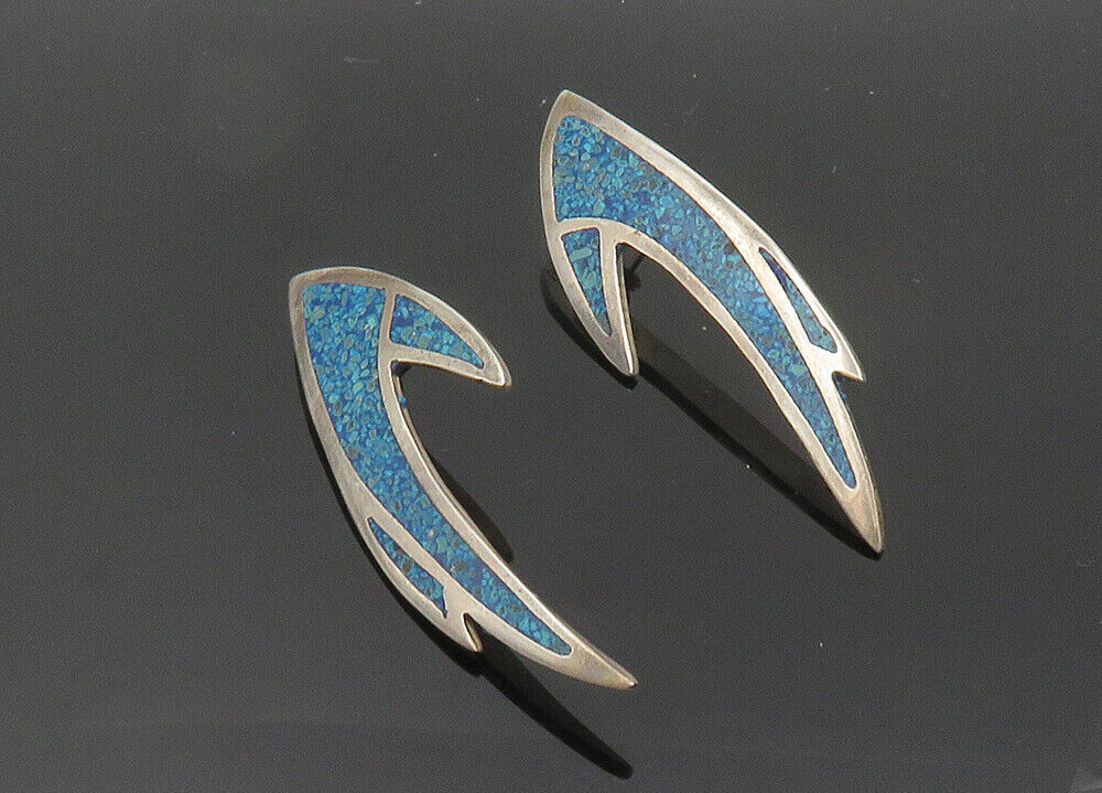 MEXICO 925 Silver  Vintage Inlaid Crushed Turquoise Dangle Earrings  EG10022