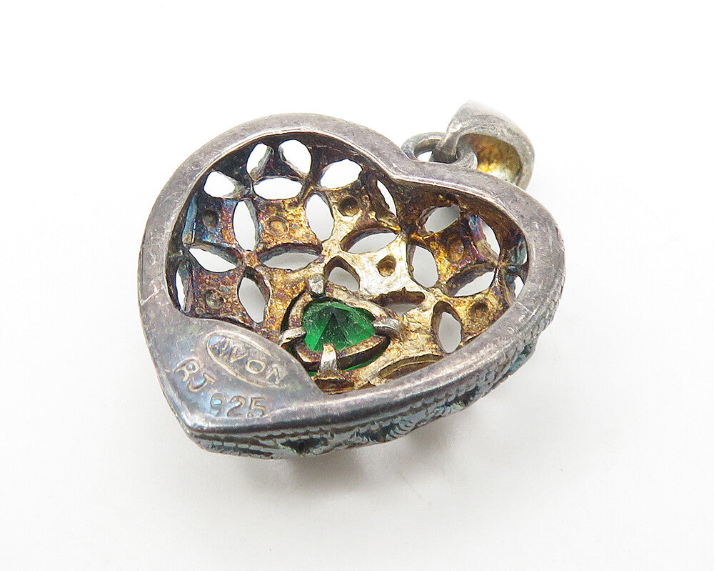 AVON 925 Sterling Silver  Vintage Green Topaz Love Heart Dome Pendant  PT9215