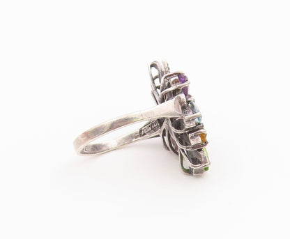 925 Sterling Silver Vintage Ring Multi Gemstone Floral Cluster Band Sz 8 RG36483