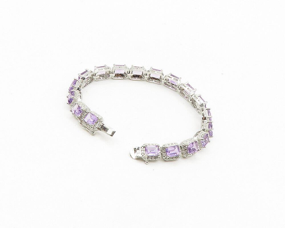 925 Sterling Silver  Prong Set Shiny Amethyst Hinge Chain Bracelet  BT7354