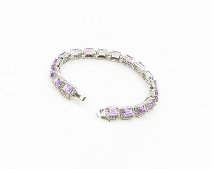 925 Sterling Silver  Prong Set Shiny Amethyst Hinge Chain Bracelet  BT7354