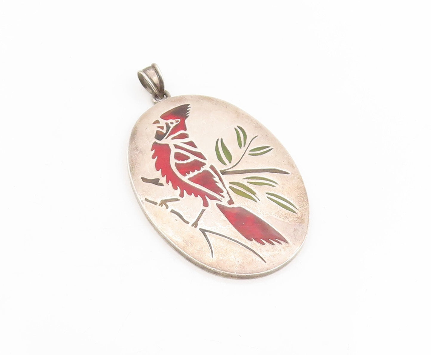 925 Sterling Silver Vintage Pendant Enameled Cardinal Bird On Branch  PT25430