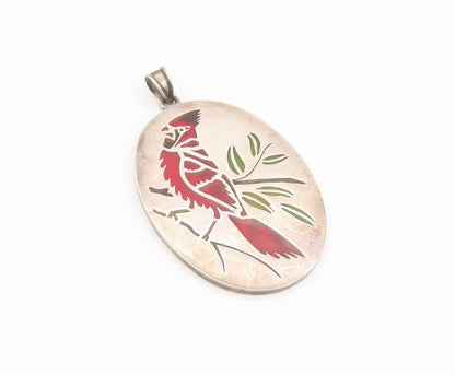 925 Sterling Silver Vintage Pendant Enameled Cardinal Bird On Branch  PT25430