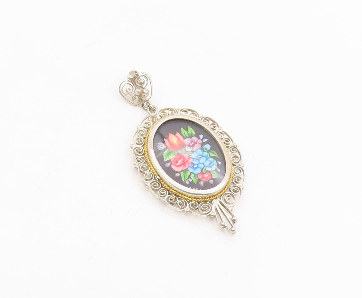 925 Sterling Silver Vintage Pendant Oval Enamel Filigree Flower Bouquet  PT25723