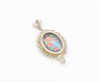 925 Sterling Silver Vintage Pendant Oval Enamel Filigree Flower Bouquet  PT25723