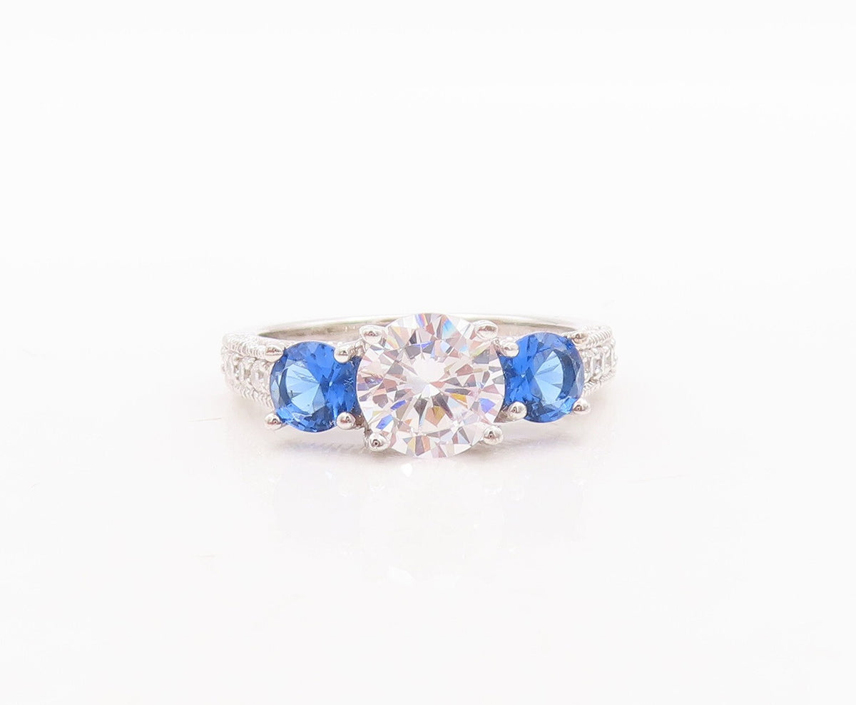 925 Sterling Silver Vintage Ring Round Sapphire & CZ Wedding Ring  Sz 7  RG29460