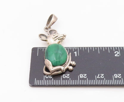 925 Sterling Silver  Vintage Cabochon Cut Malachite Mouse Pendant  PT10202