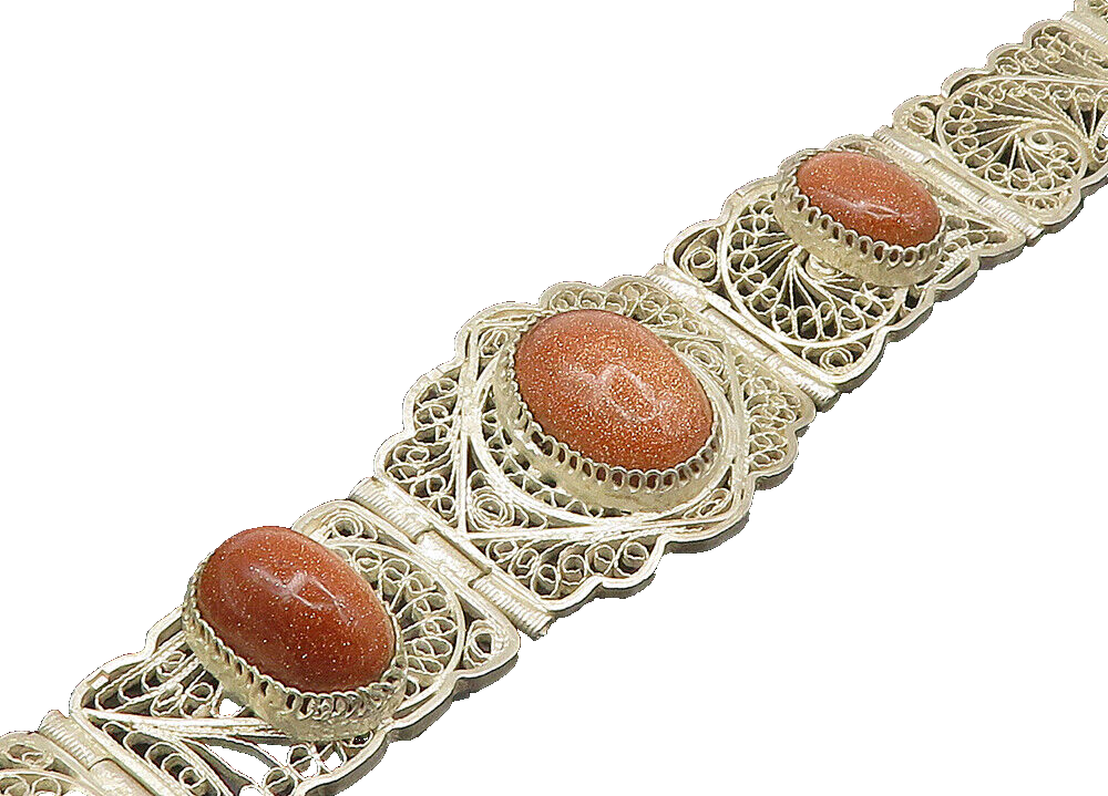 925 Sterling Silver  Vintage Goldstone Filigree Swirl Chain Bracelet  BT8296