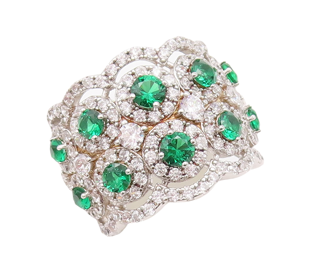 925 Sterling Silver Vintage Ring Round Cut Green Halo White CZ  Sz 7.5 RG29516