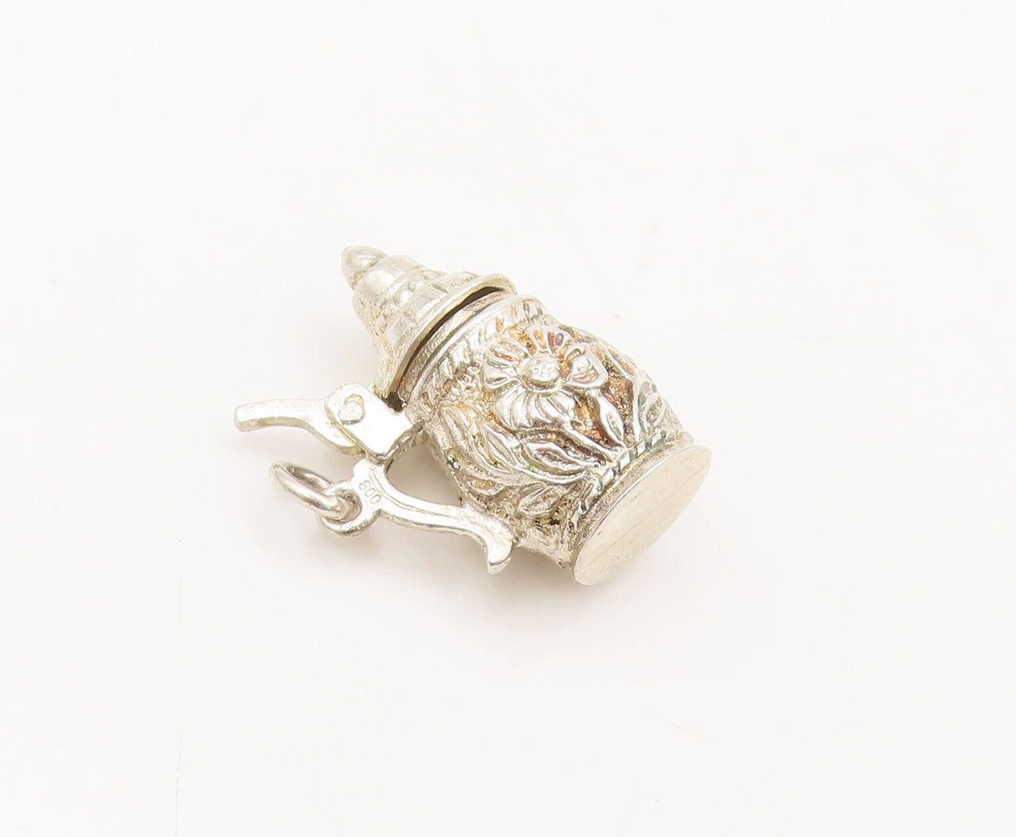 925 Silver  Vintage Floral Carved Water Jug Charm Pendant (OPENS)  PT22330