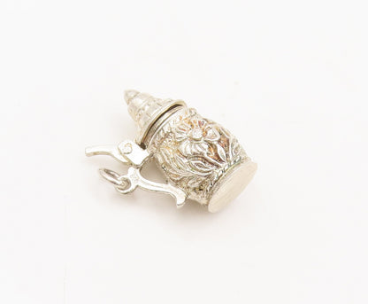 925 Silver  Vintage Floral Carved Water Jug Charm Pendant (OPENS)  PT22330