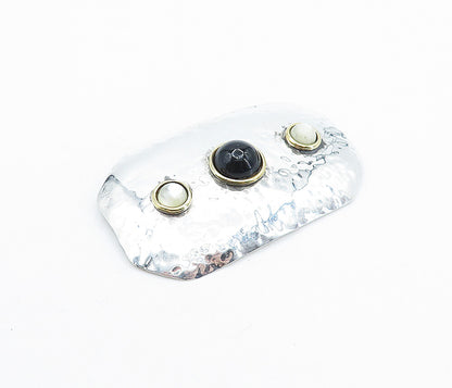 925 Sterling Silver  Vintage Black Onyx & Mother Of Pearl Brooch Pin  BP2600