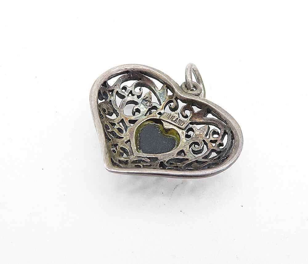 925 Sterling Silver  Vintage Inlaid Black Onyx Swirl Love Heart Pendant PT3553