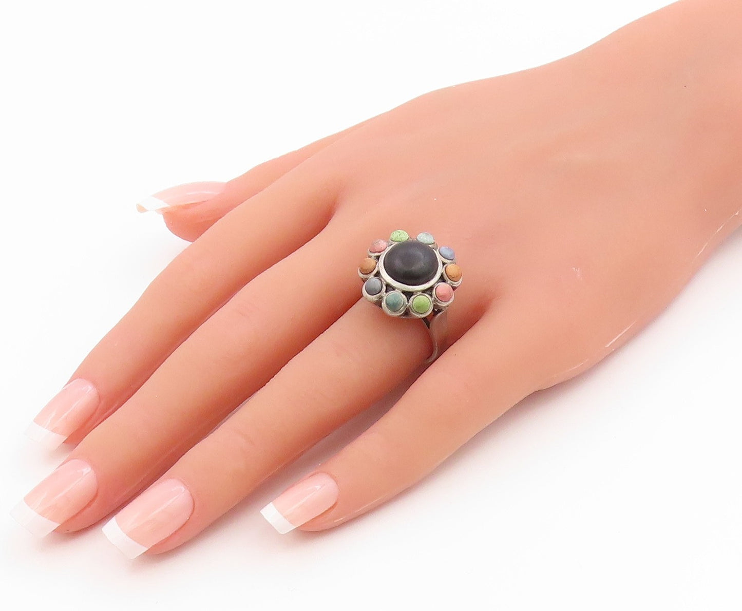 925 Sterling Silver Vintage Ring Onyx & Gemstone Flower Band  Sz 7.5  RG35741