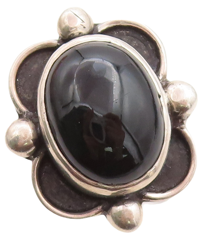 925 Sterling Silver Vintage Ring Cabochon Onyx Cutout Flower  Sz 9  RG31388