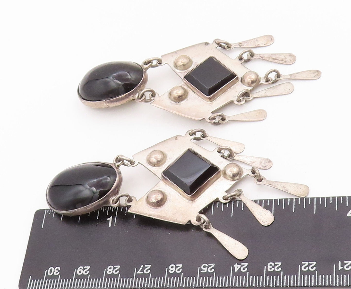 925 Sterling Silver Vintage Earrings MEXICO Cabochon Dangling Onyx Inlay EG13342