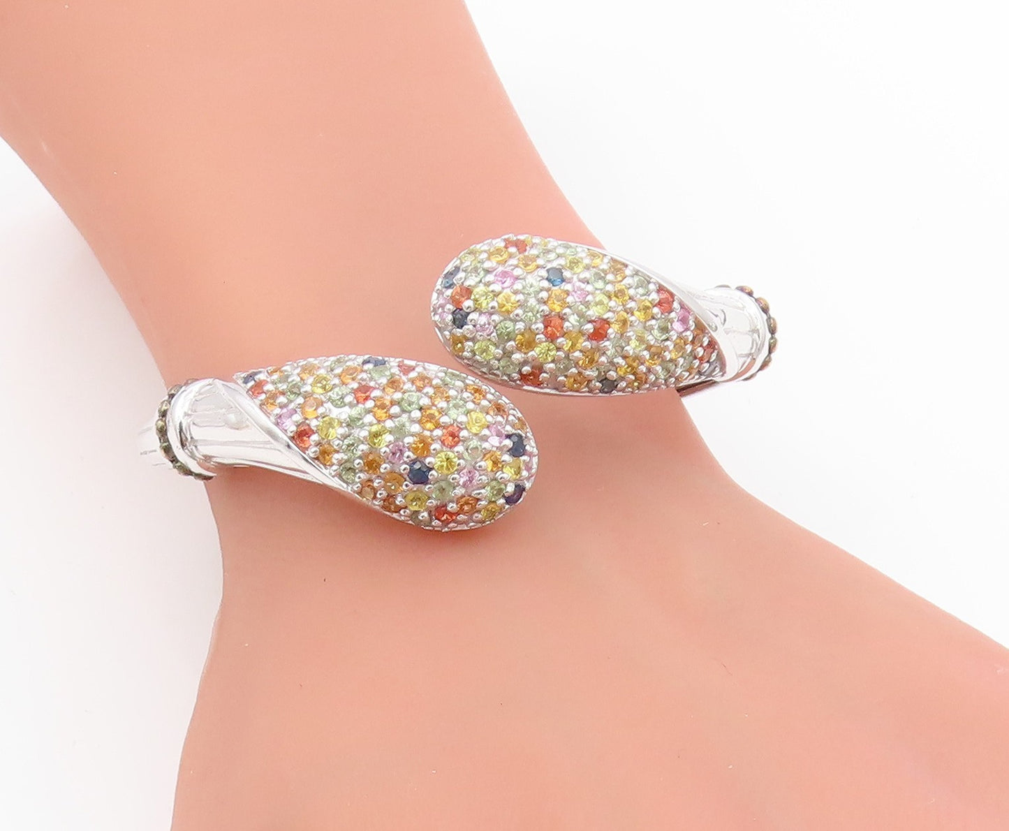 925 Sterling Silver Vintage Bracelet Multi Gemstone Solid Bypass Bangle  BT11607