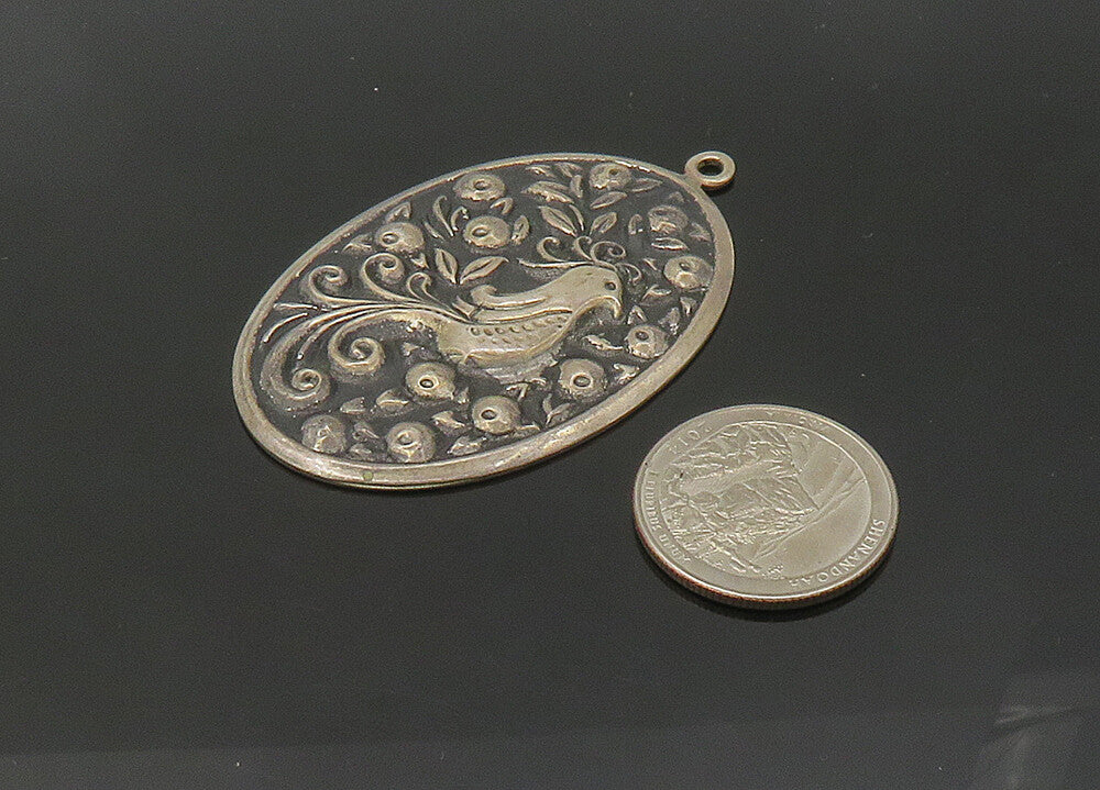 INTERNATIONAL 925 Silver Vintage Oxidized Floral Bird Scene Pendant PT17185