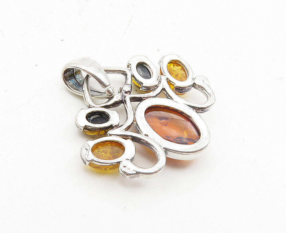 925 Sterling Silver  Vintage Cabochon Cut Amber Cluster Drop Pendant  PT7112