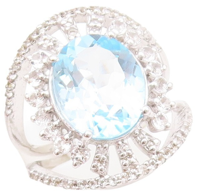 925 Sterling Silver Vintage Ring Floral 2 Tone Topaz Split Band  Sz 7.5  RG30327