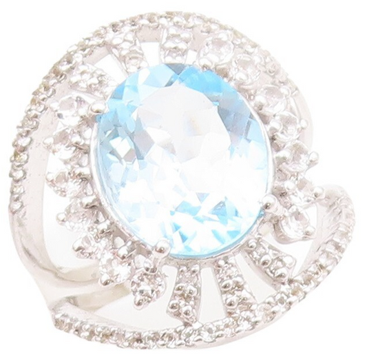 925 Sterling Silver Vintage Ring Floral 2 Tone Topaz Split Band  Sz 7.5  RG30327