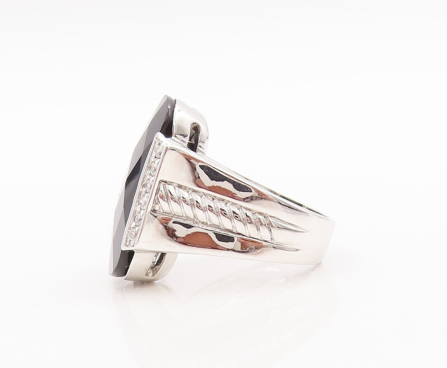 925 Sterling Silver Vintage Ring Rectangle Shape Onyx CZ Side Band  Sz 7 RG29444