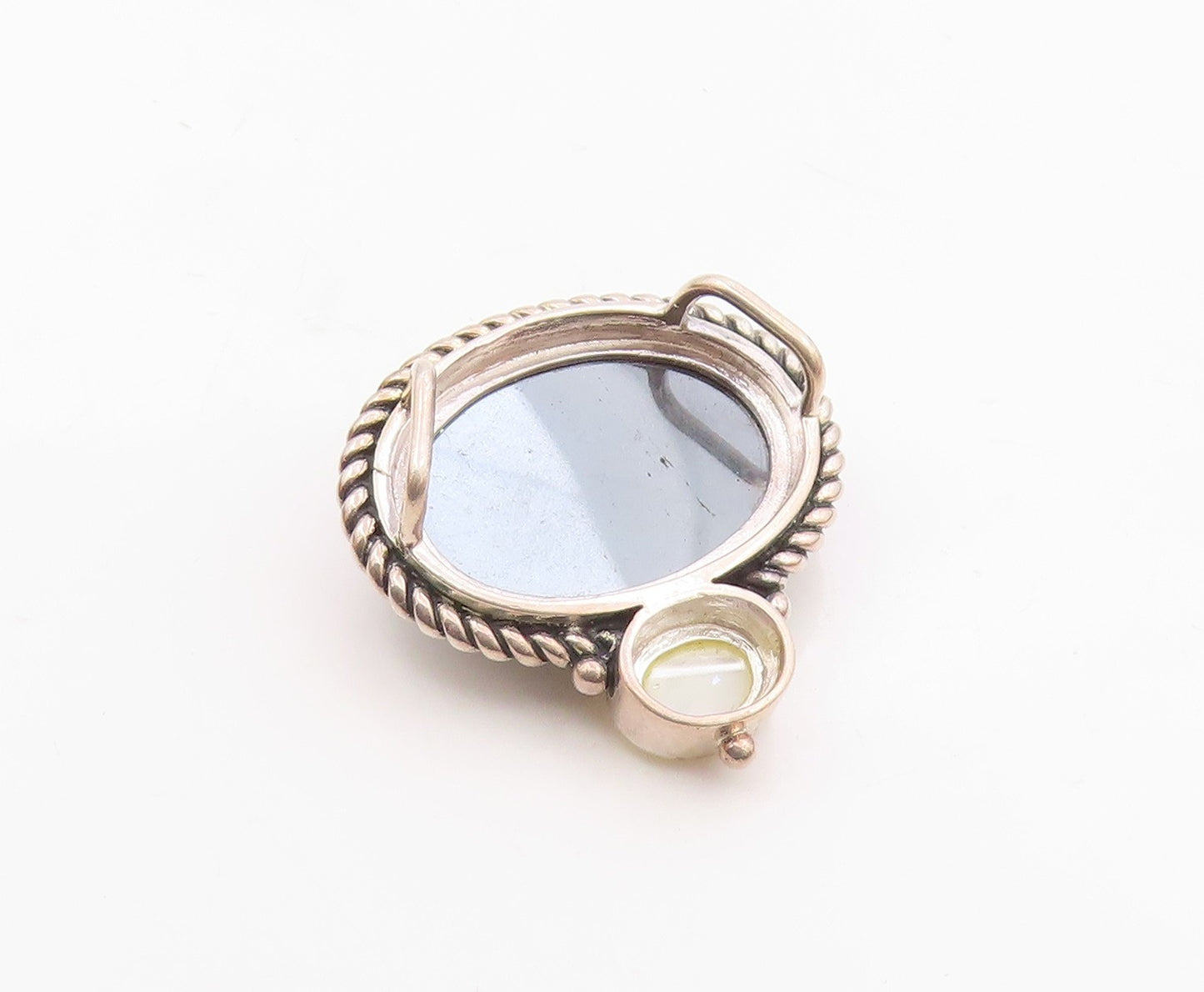 925 Sterling Silver  Vintage Hematite & Mother Of Pearl Twist Pendant PT7594