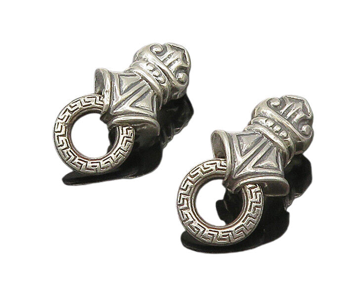 925 Sterling Silver  Vintage Shiny Greek Key Non Pierce Drop Earrings  EG9249